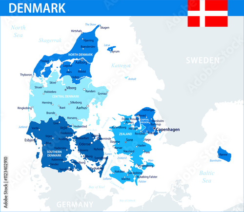Denmark Map Vector Blue Spot - Customizable layered political map of Denmark with administrative divisions for website, education, reports, news, politics, print, poster and wallpaper