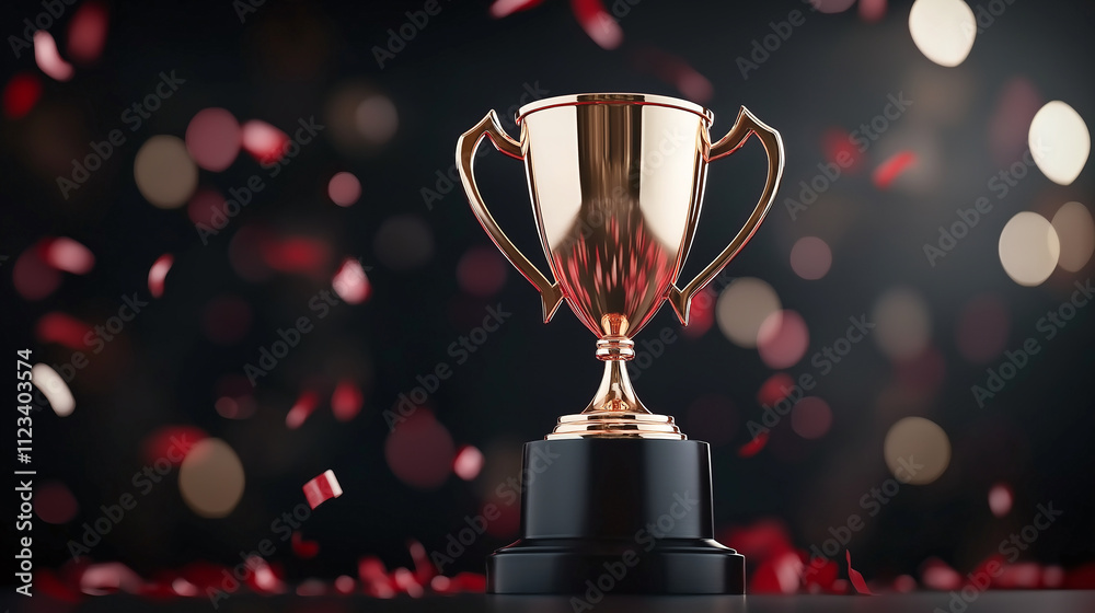 Shiny trophy on pedestal surrounded by confetti and bokeh lights, symbolizing victory and celebration. Perfect for awards, achievements, and recognition themes Shiny trophy on pedestal surrounded by confetti and bokeh lights, symbolizing victory and celebration. Perfect for awards, achievements, and recognition themes