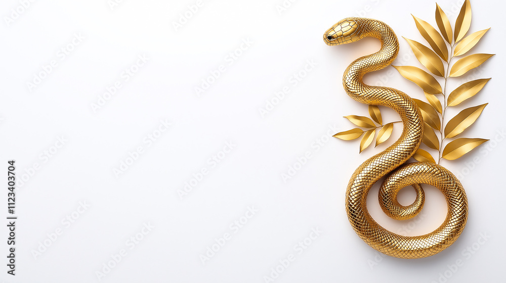 Fototapeta premium golden snake made of gold leaf coils elegantly beside golden leaves, creating luxurious and artistic composition. This striking design adds touch of opulence to any setting