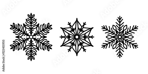 Beautiful snowflakes set, detailed hand drawn flat vector line illustration. Graphic outline drawing. Christmas and New Year symbol. Unique snowflake silhouette icon for frosty winter designs.