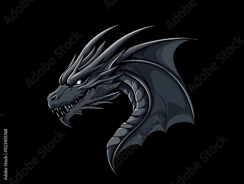 Detailed dark fantasy dragon head logo in vector format, black background. Sharp edges, mythical features, and high contrast. photo