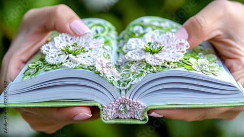 close up of hands holding beautifully decorated book with floral designs, showcasing intricate details and vibrant colors. book cover features lace and embellishments, creating elegant appearance