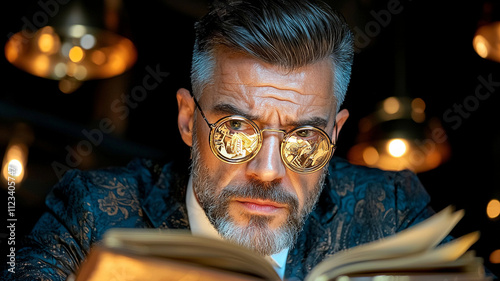 stylish man with glasses reading book in dimly lit setting, showcasing sophisticated atmosphere. His intense gaze reflects pages, creating captivating scene