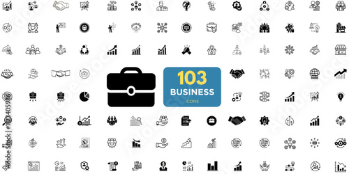 Collection of business automation icons. Includes process, digital transformation, productivity, technology, business, and integration icons. Set of 103 outline icons related to business. 