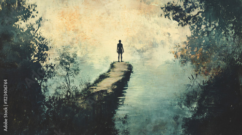 A figure balancing carefully on a narrow path over water, embracing the peaceful ambiance of a secluded lake. photo