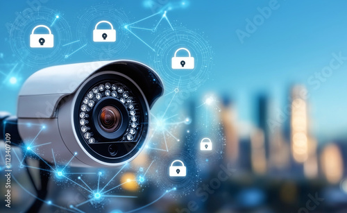 smart security camera with network of digital locks, symbolizing safety and surveillance in urban environment