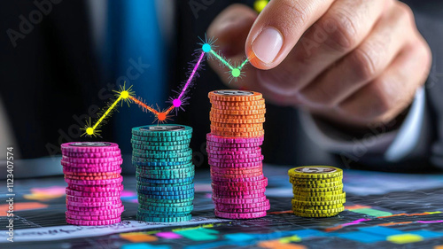 Close up of hand placing coins on colorful stacks, symbolizing financial growth and investment strategies. vibrant colors and upward trend evoke sense of optimism and success