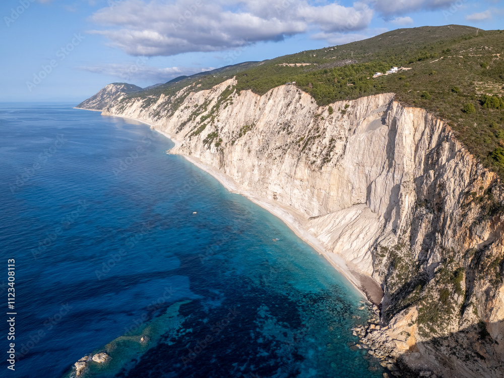 Fototapeta premium Aerial drone view of the beautiful beach of Porto Katsiki on the island of Lefkada in Greece.