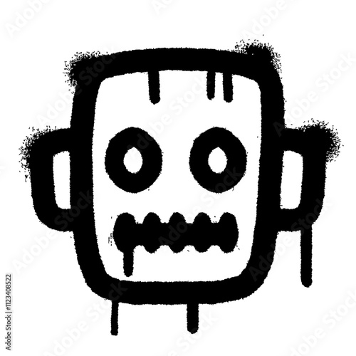 black and white Spray Painted Graffiti robot icon isolated on white background, vector