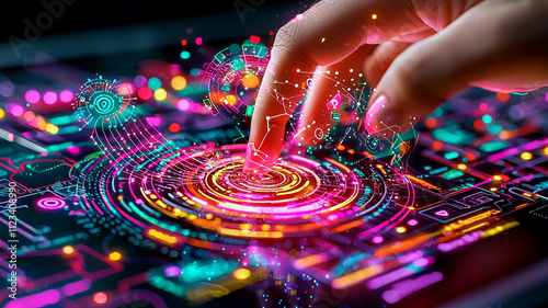 hand interacting with vibrant digital interface, showcasing colorful data visualization and technology. scene conveys sense of innovation and connectivity