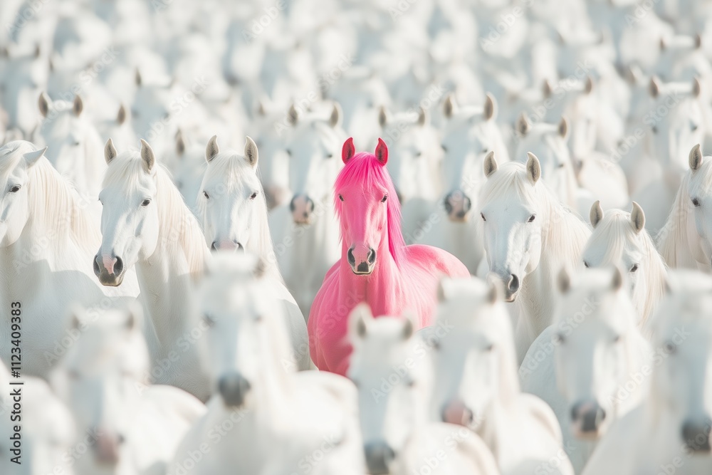 Obraz premium A herd of white horses with a pink horse standing out. The pink horse is the only one with a different color