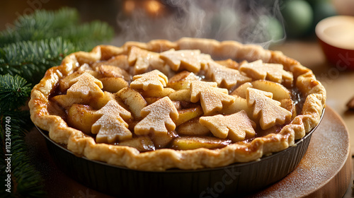 A steaming pie filled with spiced apples and cinnamon topped with a flaky golden crust and Christmas tree cutouts. photo