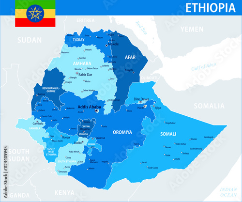 Ethiopia Map Vector Blue Spot - Customizable layered political map of Ethiopia with administrative divisions for website, education, reports, news, politics, print, poster and wallpaper
