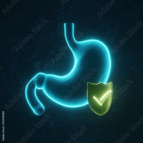 Glowing stomach with shield on a dark blue background. Stomach protection concept. 3d-rendering
