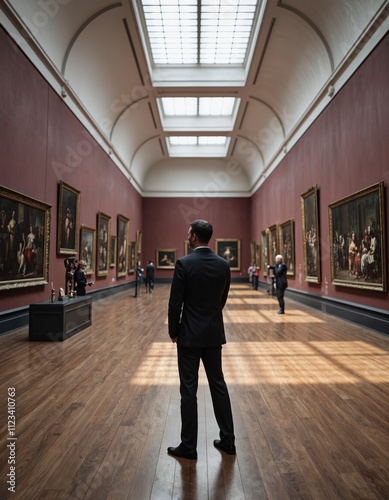 Man in formal suit observing classical paintings in an art gallery with vaulted glass ceiling. Interior photography of museum exhibition space showcasing framed artworks. Cultural appreciation and art