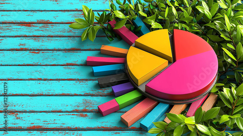 vibrant pie chart surrounded by colorful wooden bars and green leaves, symbolizing data analysis and growth. bright colors evoke sense of creativity and innovation