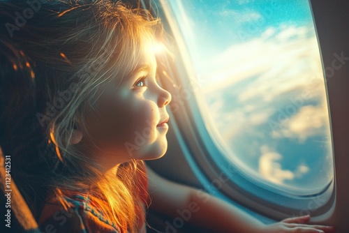 Young girl gazes out of airplane window, filled with joy and wonder on family vacation journey photo