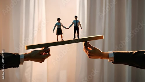 Two Business Figures Balancing on a Wooden Beam Held by Hands in a Conceptual Corporate Collaboration Scene

 photo