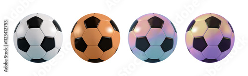 Soccer ball vector 3d icon set. Black and white european football league soccerball. Sport isolated logo for game bet. Handball isolated realistic render for world cup, school team, club tournament.