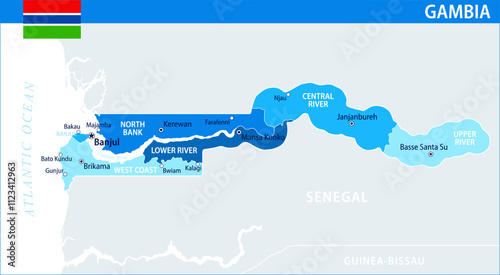 Gambia Map Vector Blue Spot - Customizable layered political map of Gambia with administrative divisions for website, education, reports, news, politics, print, poster and wallpaper