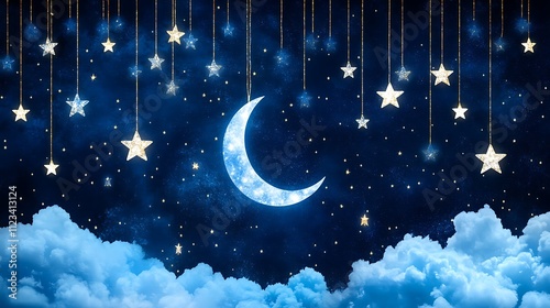 Dreamy Night Sky with a Bright Moon and Shining Stars Surrounded by Clouds