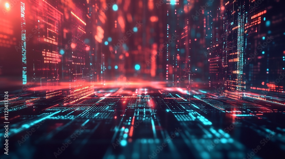Fototapeta premium Abstract Digital Cityscape: Neon Hues and Glowing Data Streams