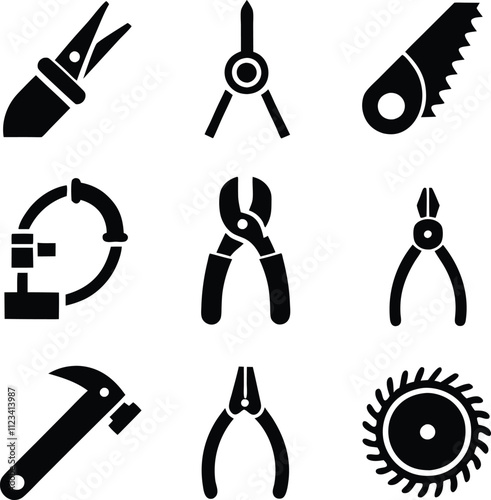 Hand Tools Icons Workshop Equipment, DIY, Repair, Construction, Silhouette