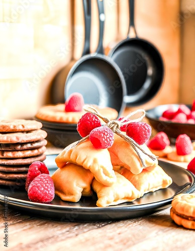 Wallpaper Mural A cozy breakfast scene featuring freshly baked croissants on a black plate, garnished with vibrant red raspberries tied with rustic twine. In the background, a stack of golden pancakes is placed on a  Torontodigital.ca