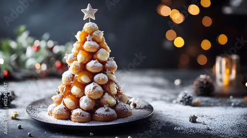 A towering Christmas croquembouche made of caramel-glazed cream puffs decorated with edible stars and powdered sugar. photo