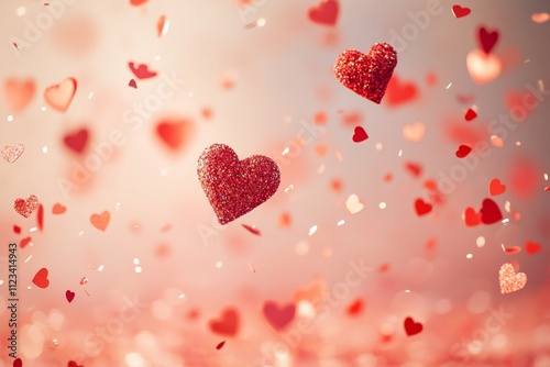 Whimsical valentine   s day scene featuring cascading red heart confetti on a soft background photo