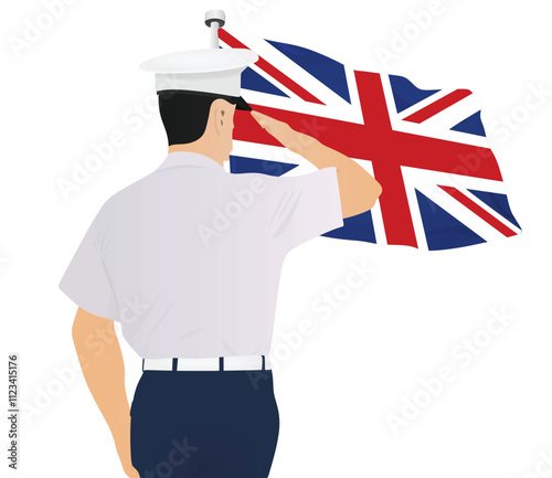 Soldier saluting Great Britain flag. vector
