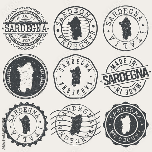 Sardinia, Italy Set of Stamps. Country Travel Marks. Made In Product. Design Seals Old Style Insignia.
