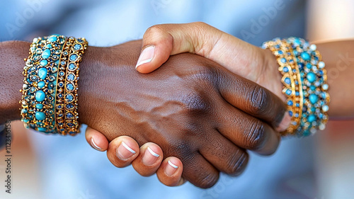 Close up of hands exchanging handshake, showcasing ornate bracelets. This captures moment of connection and agreement, highlighting cultural jewelry