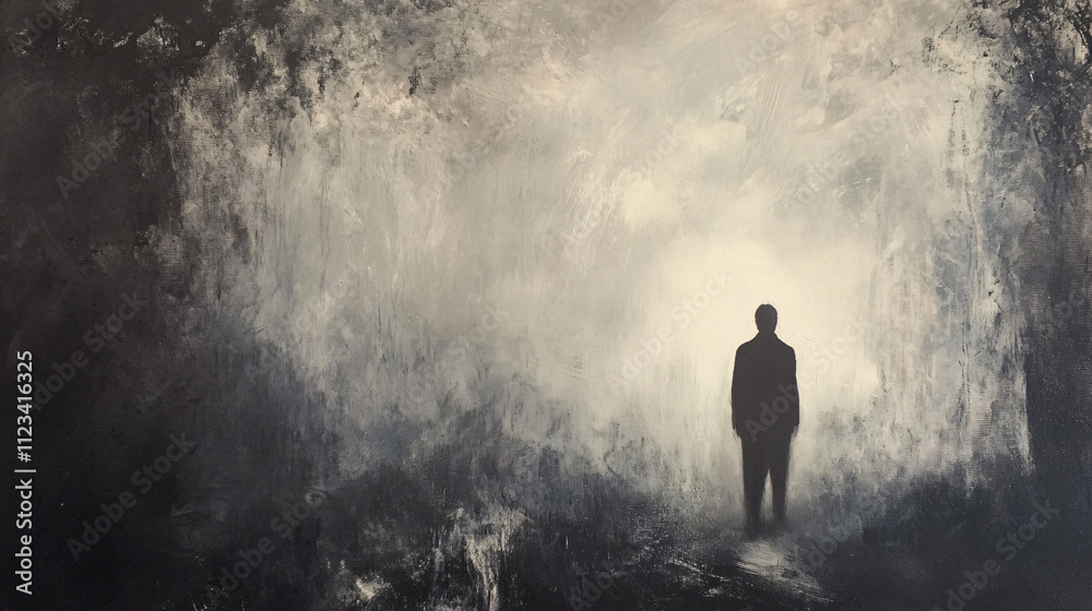 A figure gazes into the fog-laden distance, searching for meaning amidst the uncertainty. A figure gazes into the fog-laden distance, searching for meaning amidst the uncertainty.