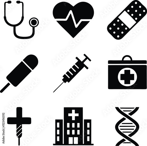 Medical Icons Healthcare, Hospital, Stethoscope, Heartbeat, First Aid, Syringe, Pill, DNA, Clinic, T photo