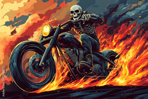 A fiery illustration of a skeleton riding a motorcycle, exuding a rebellious spirit. photo