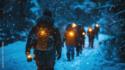 Winter night group walk with warm clothes in snowlit path photo