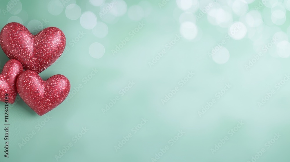 Fototapeta premium Shimmering Red Hearts on Soft Mint Background with Bokeh Effect for Romantic Themes and Celebrations