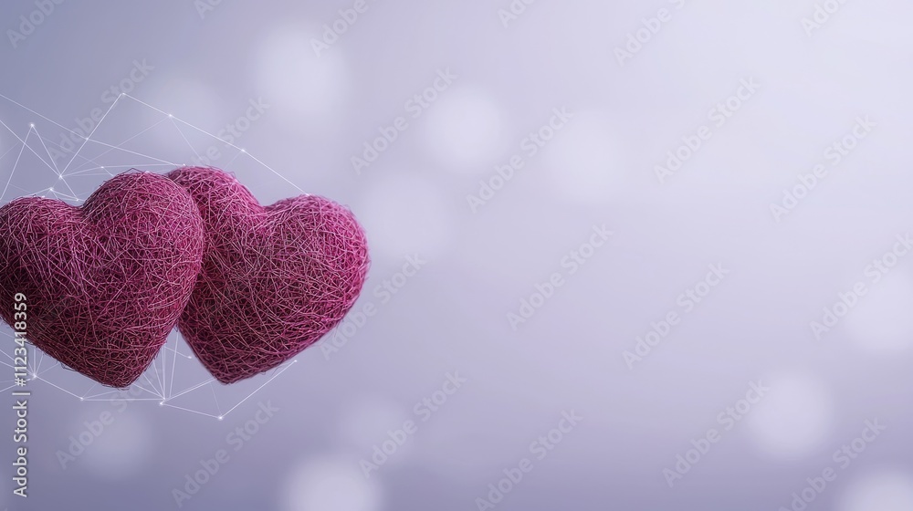 Fototapeta premium Two Intertwined Hearts Made of Twine on a Soft Blurred Background with Abstract Connections and Gentle Light Effects