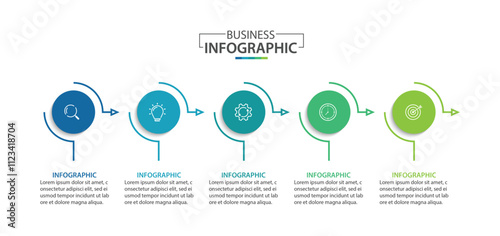 Business outline infographic label design with arrows and marketing icons. Concept of startup development with 5 options.