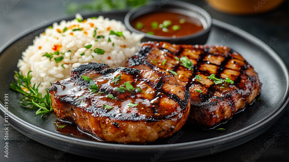 Seared Pork Chop with Rich Sauce and Rice Presentation Seared Pork Chop with Rich Sauce and Rice Presentation