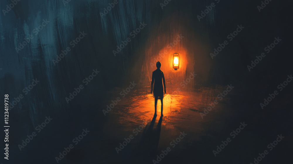 Fototapeta premium A figure holding a lantern in a dark room, casting shadows that dance around them, representing hope amidst despair.