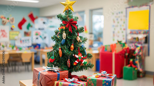 A vibrant Christmas tree in a kindergarten classroom surrounded by wrapped gifts and colorful crafts made by children.