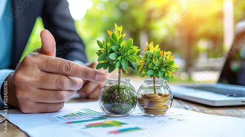 close up of hands pointing at two small plants in jars, symbolizing growth and investment. background features financial charts and laptop, conveying business theme