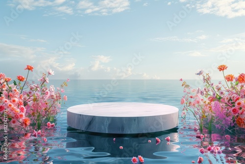 Ultra Quality Picture of Floating Cylindrical Podium on a Serene Lake with Vibrant Flowers