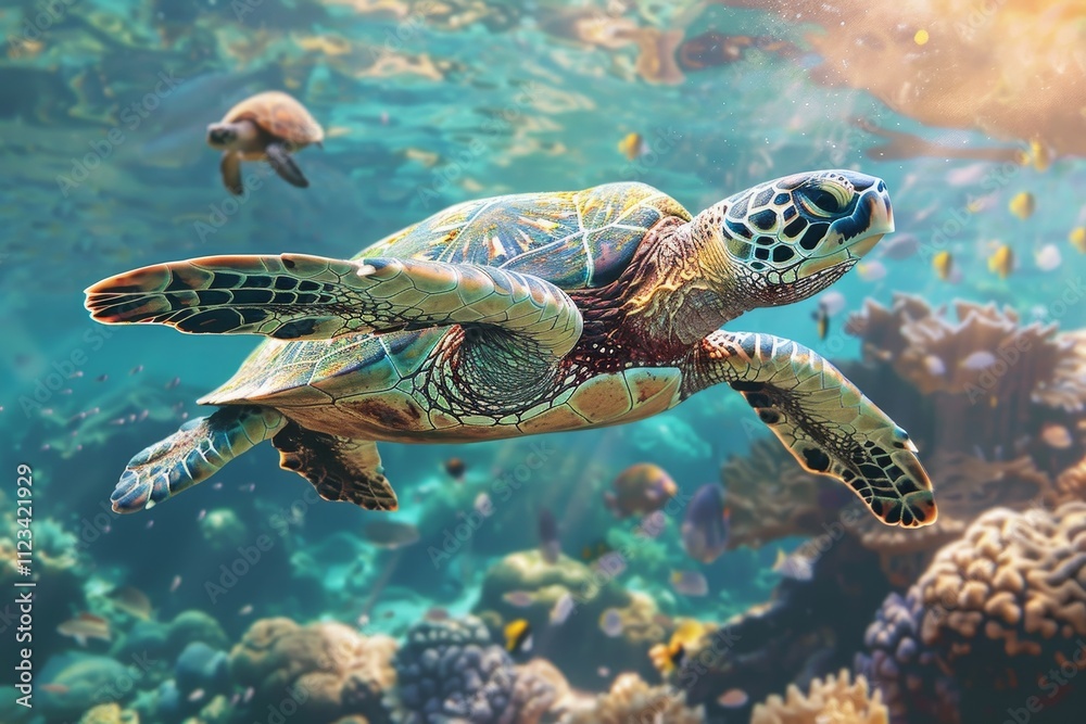 Obraz premium A green sea turtle swims effortlessly among vibrant coral reefs, surrounded by an array of colorful fish and marine life, illuminated by sunlight above.