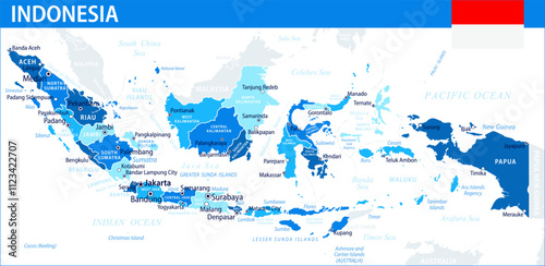 Indonesia Map Vector Blue Spot - Customizable layered political map of Indonesia with administrative divisions for website, education, reports, news, politics, print, poster and wallpaper