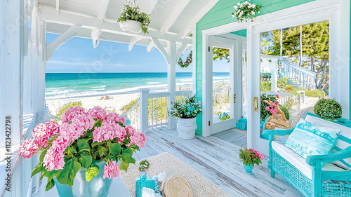 coastal style living room with beachy decor, featuring vibrant flowers, ocean views, and serene atmosphere. Perfect for relaxation and enjoying nature beauty