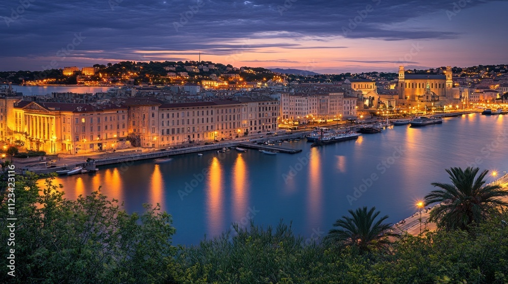 Obraz premium Sunset over seaside town with harbor, buildings and palm trees