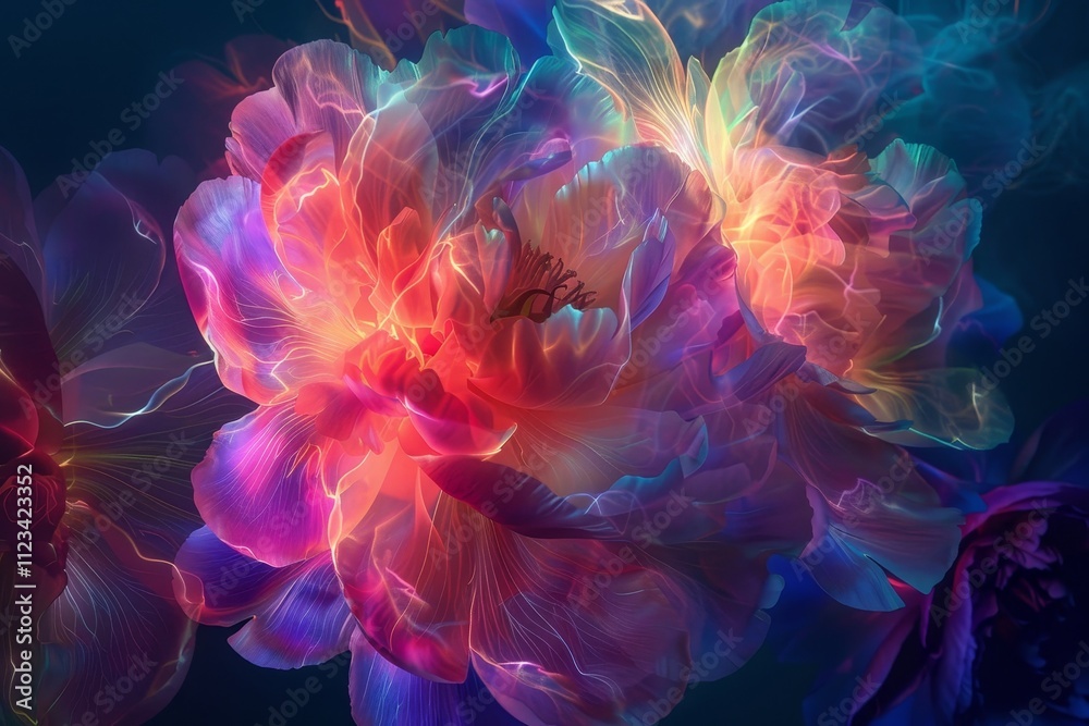 Obraz premium A stunning display of luminous flowers radiates vibrant colors, creating a magical atmosphere filled with intricate patterns and soft textures.